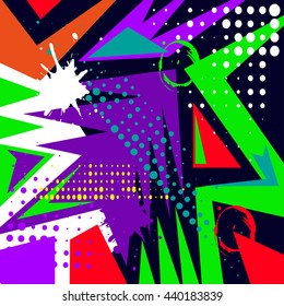 Abstract chaotic pattern with urban geometric elements, scuffed, drops, sprays, triangles. Grunge neon texture background. Wallpaper for boys and girls.scratches