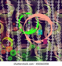 Abstract chaotic pattern with urban geometric elements, scuffed, drops, sprays, triangles. Grunge neon texture background. Wallpaper for boys and girls.scratches