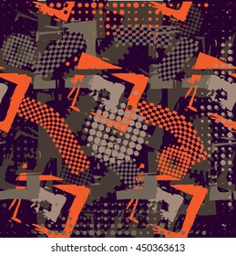 Abstract chaotic pattern with urban geometric elements, scuffed, drops, sprays, triangles. Grunge neon texture background. Wallpaper for boys and girls.scratches