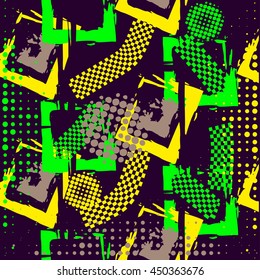 Abstract chaotic pattern with urban geometric elements, scuffed, drops, sprays, triangles. Grunge neon texture background. Wallpaper for boys and girls.scratches