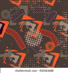 Abstract chaotic pattern with urban geometric elements, scuffed, drops, sprays, triangles. Grunge neon texture background. Wallpaper for boys and girls.scratches