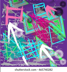 Abstract  chaotic pattern with urban geometric elements, scuffed, drops, triangles, spots, sprays. Grunge neon texture background. Wallpaper for boys and girls