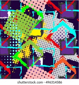 Abstract chaotic pattern with urban geometric elements, scuffed, drops, sprays, triangles. Grunge neon texture background. Wallpaper for boys and girls.