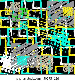 Abstract  chaotic pattern with urban geometric elements, scuffed, drops, sprays. Grunge neon texture background. Wallpaper for boys and girls