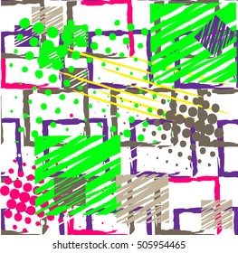 Abstract  chaotic pattern with urban geometric elements, scuffed, drops, sprays. Grunge neon texture background. Wallpaper for boys and girls