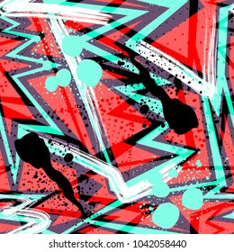 Abstract chaotic seamless pattern. Creative vector background with dots, geometric figures,stripes inscriptions. Modern, grunge. Colorful wallpaper for textile and fabric. Fashion style.