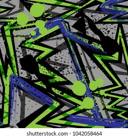 Abstract chaotic seamless pattern. Creative vector background with dots, geometric figures,stripes inscriptions. Modern, grunge. Colorful wallpaper for textile and fabric. Fashion style.