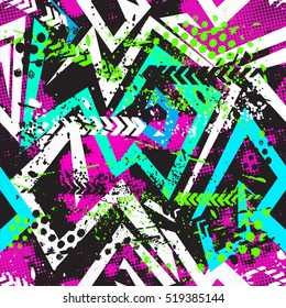 Abstract chaotic  seamless pattern . Creative vector background with dots, geometric figures,stripes inscriptions. Modern, grunge ,  Colorful  wallpaper for textile and fabric. Fashion style. 