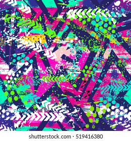 Abstract chaotic  seamless pattern . Creative vector background with dots, geometric figures,stripes inscriptions. Modern, grunge ,  Colorful  wallpaper for textile and fabric. Fashion style. 