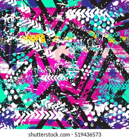 Abstract chaotic  seamless pattern . Creative vector background with dots, geometric figures,stripes inscriptions. Modern, grunge ,  Colorful  wallpaper for textile and fabric. Fashion style. 