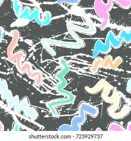 Abstract chaotic seamless pattern . Creative vector background with dots, geometric figures,stripes inscriptions. Modern, grunge , Colorful wallpaper for textile and fabric. Fashion style.