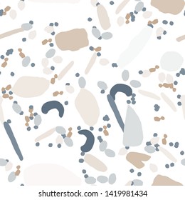 Abstract chaotic shapes and elements seamless pattern. Texture for textile, postcard, wrapping paper, packaging. Vector illustration