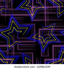 Abstract chaotic stars seamless pattern for sport fashion on black background