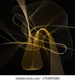 
Abstract chaotic stream of golden lines on a black background.
