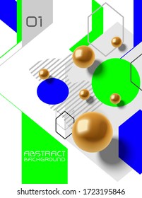 Abstract chaotic vector background with geometry primitives, golden spheres, trendy design background 