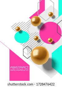 Abstract chaotic vector background with geometry primitives, golden spheres, trendy design background 