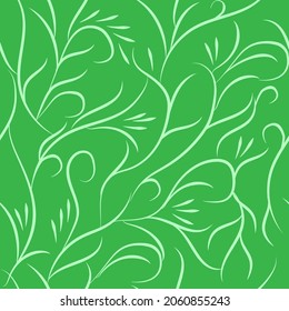 Abstract chaotic white twigs on green background. Decorative colorful elegant romantic seamless pattern for decor, wallpaper, fabric, prints, etc. Abstract fashion texture. Vector illustration