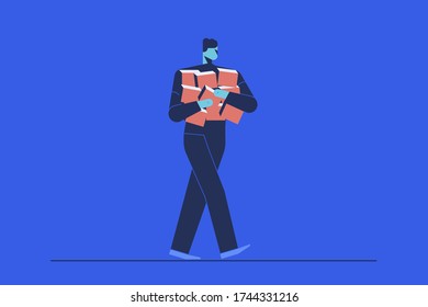 Abstract character carrying a lot of boxes in his hands. Person without any specific race or ethnicity.  Corporate style illustration made of simple shapes.