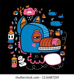 Abstract character cartoon of colourful fox spray whale bee bottle on black background for graphic design 
