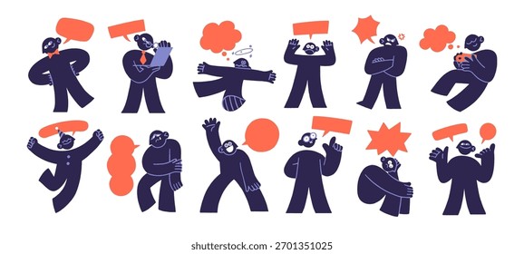 Caractere abstrato com bolhas de fala de rabiscar definido. Pessoa geométrica com diferentes emoções fala. Homem feliz, triste e irritado se comunica. Ilustrações de vetor isoladas planas sobre fundo branco