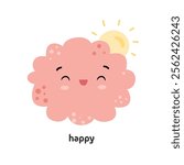 Abstract character facial expression with smile and closed eyes. Vector isolated fluffy cloud with sunshine on back. Joyful and glad, positive and smiling personage, geometric shape