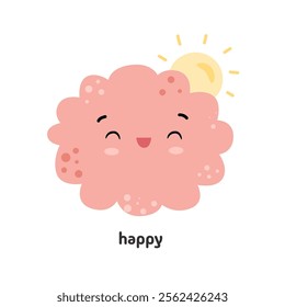 Abstract character facial expression with smile and closed eyes. Vector isolated fluffy cloud with sunshine on back. Joyful and glad, positive and smiling personage, geometric shape