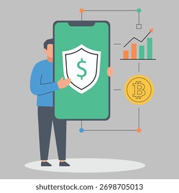 Abstract Character Holding Smartphone with Dollar Shield and Chart Representing Secure Financial Technology and Investment