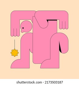 Abstrakter Charakter. Naive süße Kreatur mit Gesicht und Blume. Moderner Grafikdesign-Stil in verschiedenen Posen. Vektorformen einzeln auf einem Rechteck.