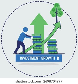 An abstract character pushing coin stacks up a rising arrow, representing financial investment growth