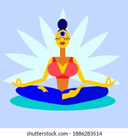 Abstract character woman sitting in yoga pose and meditating.