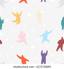 Abstract characters background. Cute yeti, cartoon snowman and giant snowfall. Funny emotional people. Decorative vector seamless pattern for kids cloth, wallpaper