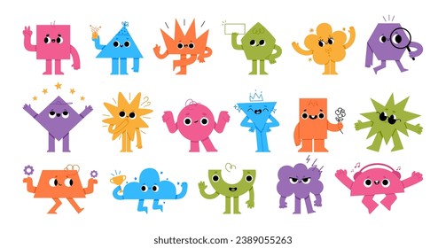 Abstract characters. Cartoon kids shape with smile face. Geometric mascot figure with leg and hands. Fun graphic avatar for education, funny emoji objects. Vector set. Triangle, square elements