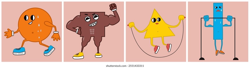 Personajes Abstractas en forma de figuras geométricas que participan en diversos deportes. Ilustración vectorial aislada plana