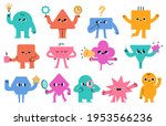 Abstract characters. Geometric comic creature emotions. Funny face business team avatar with magnifier, light bulb and megafon, vector set. Different shapes for math learning and teaching
