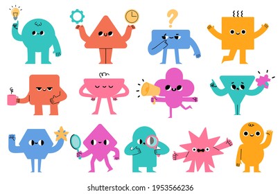 Abstract characters. Geometric comic creature emotions. Funny face business team avatar with magnifier, light bulb and megafon, vector set. Different shapes for math learning and teaching