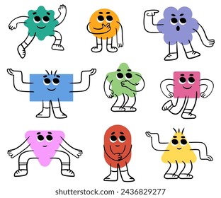Abstract characters. Geometric comic creature emotions. Funny characters. Modern various figures. Geometry figures with eyes, hands and legs in kids style.