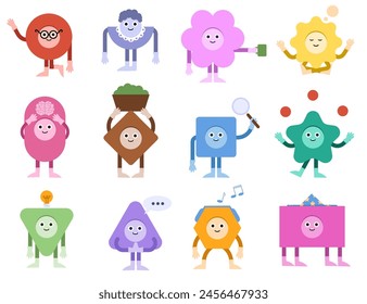 Abstract characters. Geometric comic creature emotions. Funny characters. Modern various figures. Geometry figures with eyes, hands and legs in kids style.