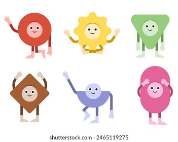 Abstract characters. Geometric comic creature emotions. Funny characters. Modern various figures. Geometry figures with eyes, hands and legs in kids style.