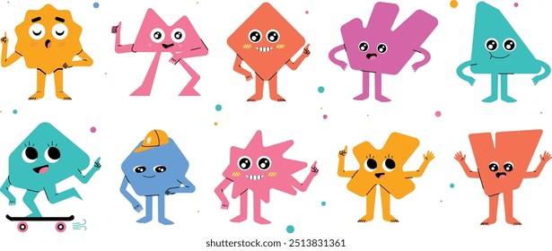Abstract characters. Geometric comic creature emotions, vector set.