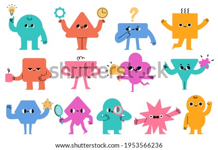 Abstract characters. Geometric comic creature emotions. Funny face business team avatar with magnifier, light bulb and megafon, vector set. Different shapes for math learning and teaching