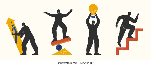 Abstract characters set. Collection of people with different geometric shapes and objects in various poses. Isolated bundle with minimal human creatures for business. Trendy flat vector illustration