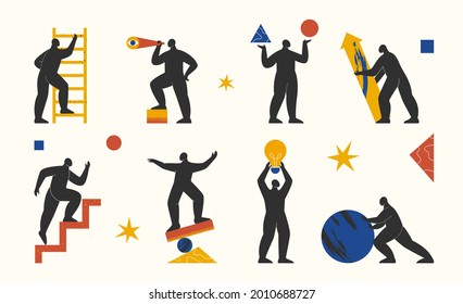 Abstract characters set. Collection of people with different geometric shapes and objects in various poses. Human creatures for business. Trendy minimal isolated vector illustration