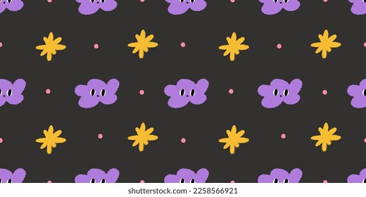 Abstrakte Charaktere, verschiedene helle Doodle-Formen. Unterschiedliche Zahlen. Vektornahtlose Muster. Hintergrund, Tapete, Umschlag, Stoffvorlage