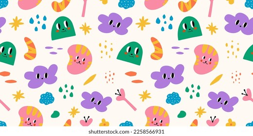 Abstract characters, various bright doodle shapes. Different figures. Vector seamless Patterns. Background, wallpaper, Wrapping, textile template