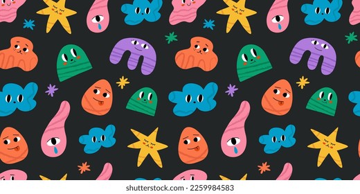 Abstract characters, various bright doodle shapes. Different figures on black backgorund. Vector seamless Pattern. Background, wallpaper, Wrapping, textile template