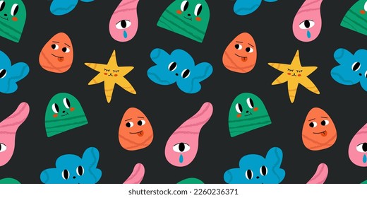 Caracteres abstractos, varias formas de doodle brillantes. Diferentes figuras sobre fondo negro. Patrón sin fisuras del vector. Fondo, fondo de pantalla, envolvimiento, plantilla textil