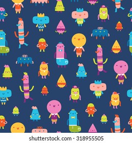 Abstract characters vector seamless pattern on blue background