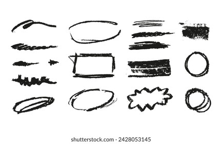 Abstract charcoal drawn frames, doodle highlight elements, dirty lines, pencil textured underline collection. Ink circles, ellipses, rectangles with torn edges. Vector grungy clip art.