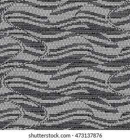 Abstract charcoal pin dot flecked wavy glitch. Seamless pattern.