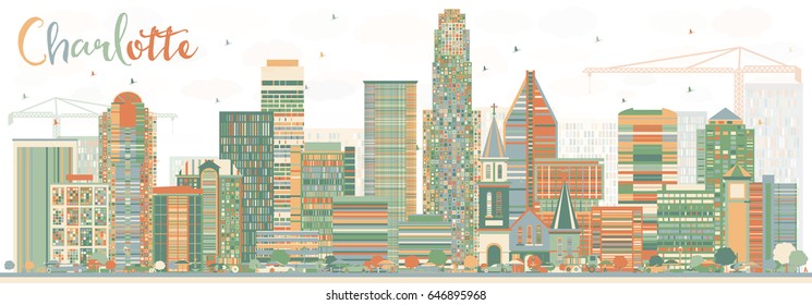 Abstract Charlotte Skyline with Color Buildings. Vector Illustration. Business Travel and Tourism Concept with Modern Architecture. Image for Presentation Banner Placard and Web Site.